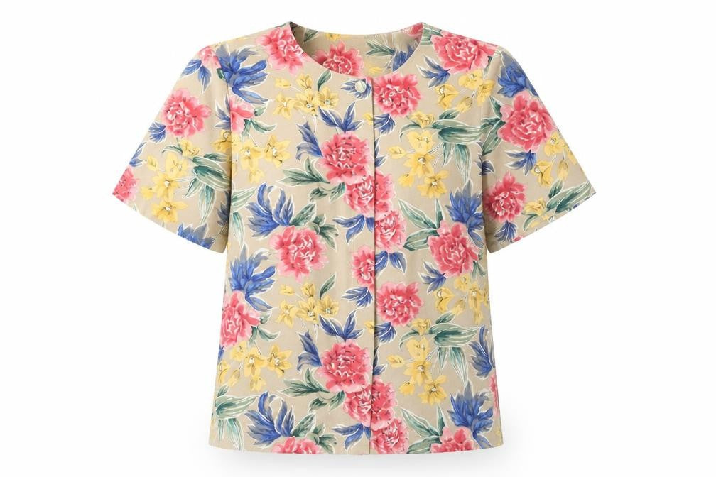 Front view of Talbots women’s multicoloured floral silk blouse, size UK 8, short sleeve
