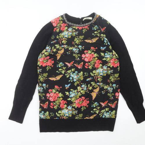Oasis Womens Black Floral Beaded Crew Neck Pullover Jumper Size S
