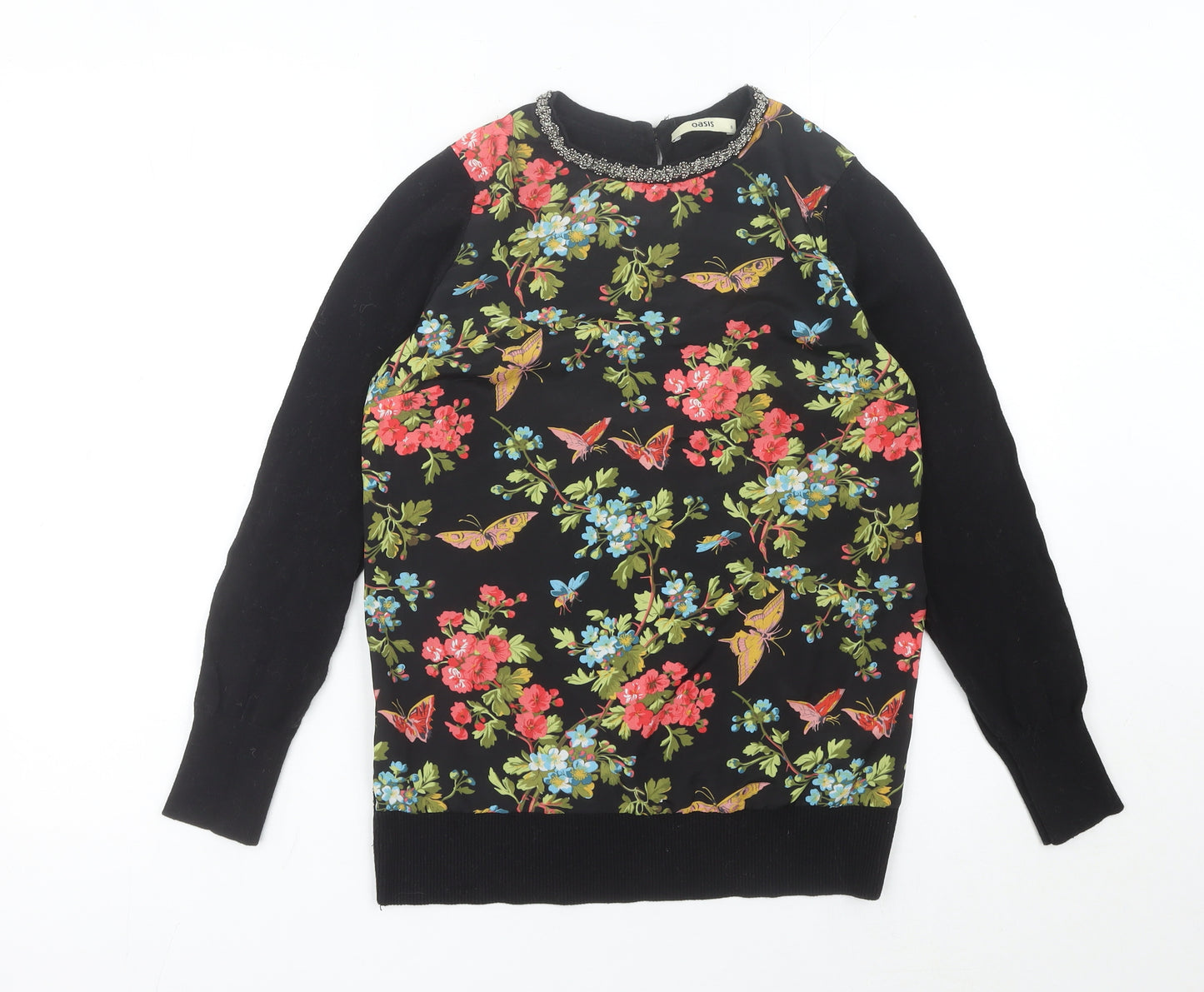 Oasis Womens Black Floral Beaded Crew Neck Pullover Jumper Size S