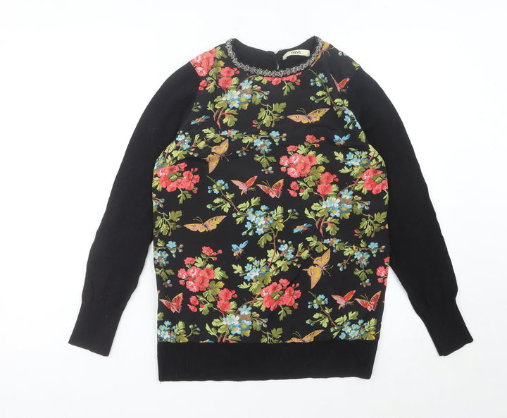 Oasis Womens Black Floral Beaded Crew Neck Pullover Jumper Size S