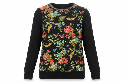 Front view of Oasis women’s black floral beaded crew neck jumper, size S