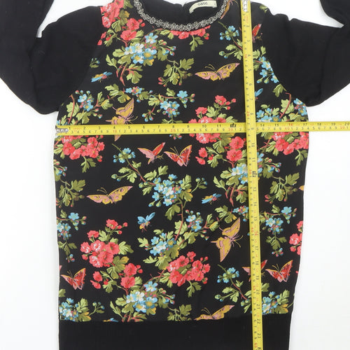 Oasis Womens Black Floral Beaded Crew Neck Pullover Jumper Size S