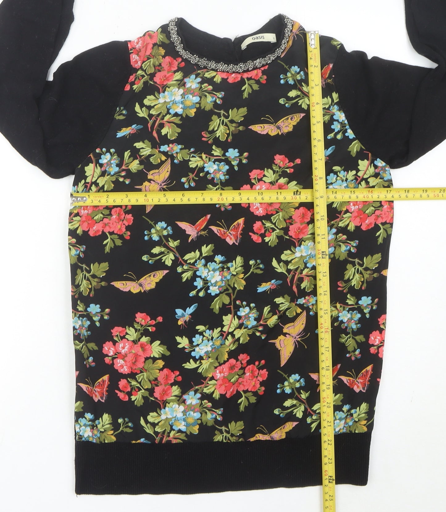 Oasis Womens Black Floral Beaded Crew Neck Pullover Jumper Size S