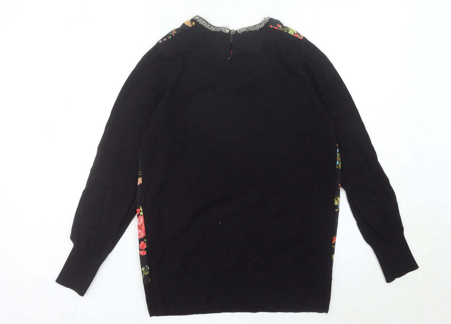 Oasis Womens Black Floral Beaded Crew Neck Pullover Jumper Size S