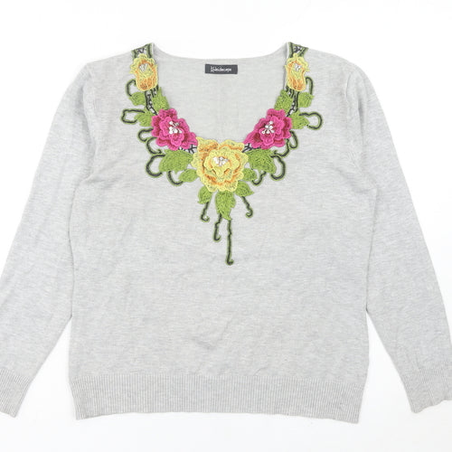 Kaleidoscope Womens Grey Floral Embroidered V-Neck Jumper Size 12