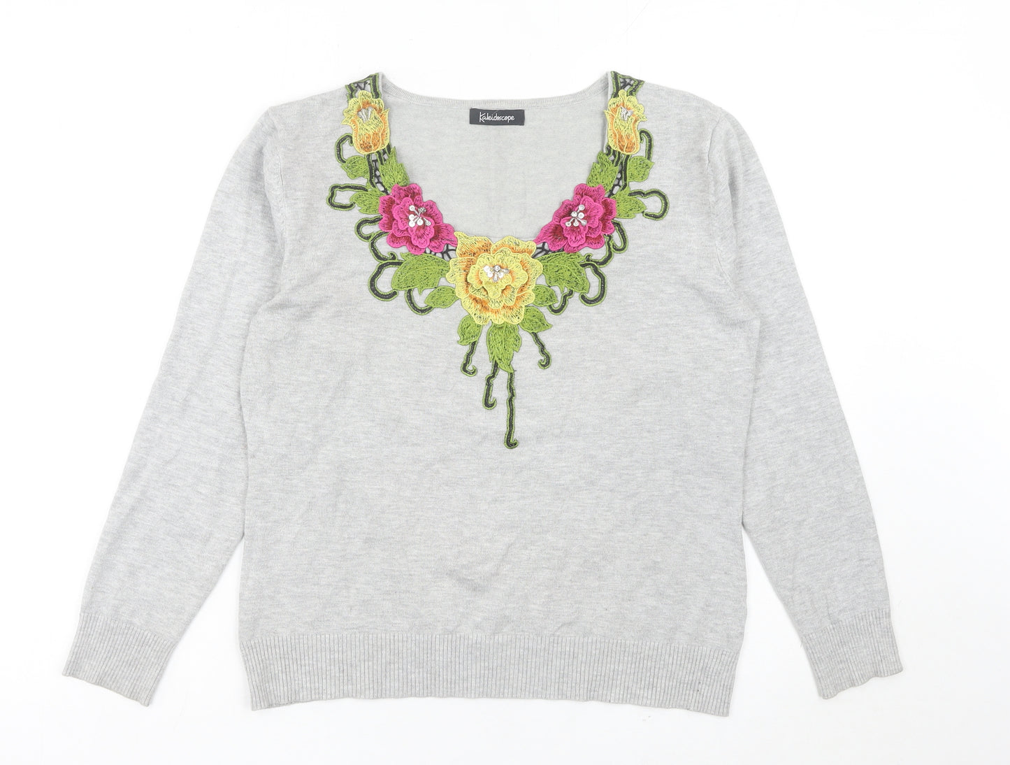 Kaleidoscope Womens Grey Floral Embroidered V-Neck Jumper Size 12