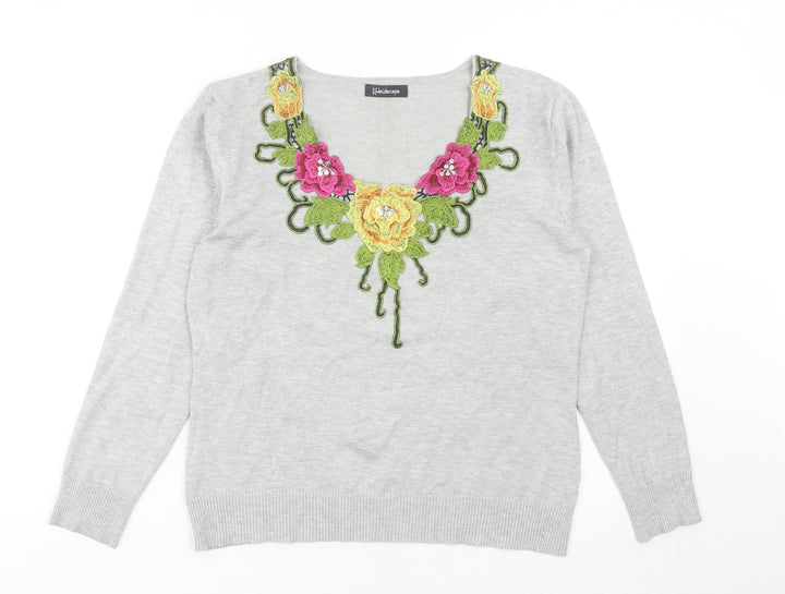 Kaleidoscope Womens Grey Floral Embroidered V-Neck Jumper Size 12