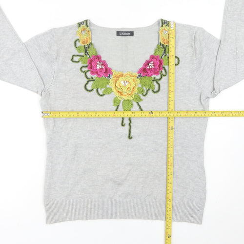 Kaleidoscope Womens Grey Floral Embroidered V-Neck Jumper Size 12