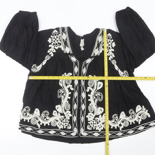 River Island Women’s Black Embroidered Boho Blouse Size 14 V-Neck