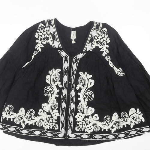 River Island Women’s Black Embroidered Boho Blouse Size 14 V-Neck