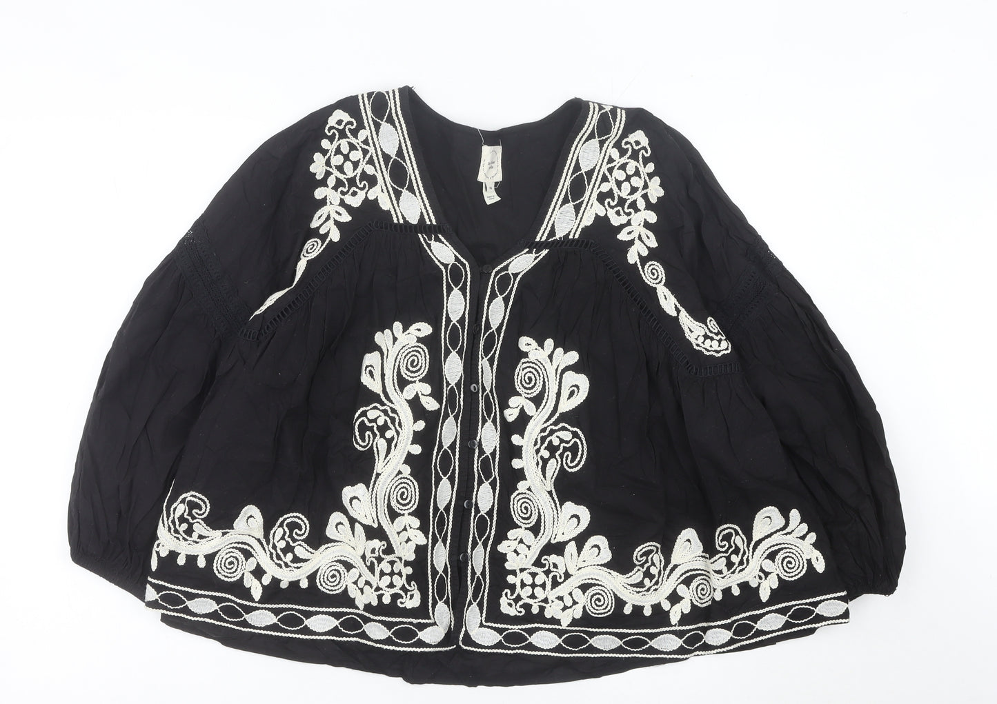 River Island Women’s Black Embroidered Boho Blouse Size 14 V-Neck