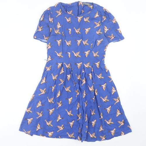 Oasis Women’s Blue Bird Print Fit & Flare Dress UK 10 Short Sleeve
