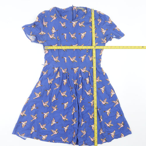 Oasis Women’s Blue Bird Print Fit & Flare Dress UK 10 Short Sleeve