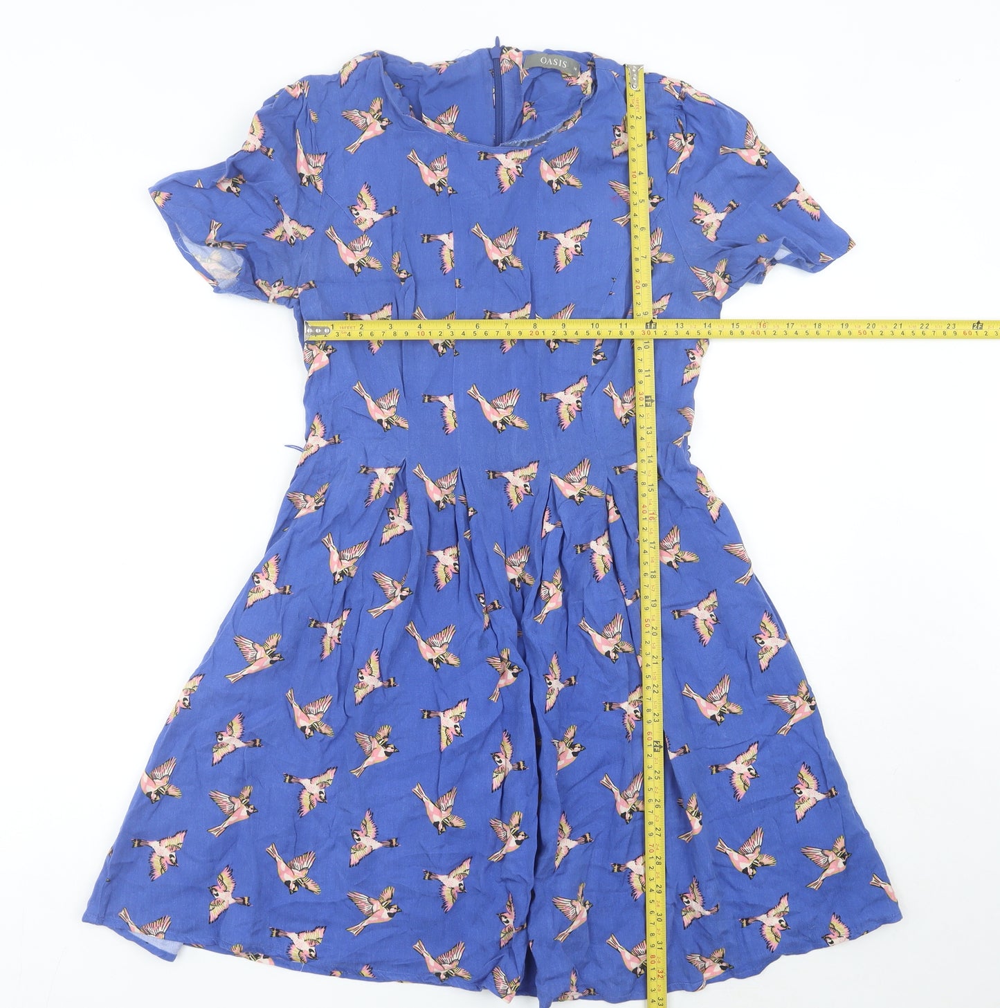 Oasis Women’s Blue Bird Print Fit & Flare Dress UK 10 Short Sleeve