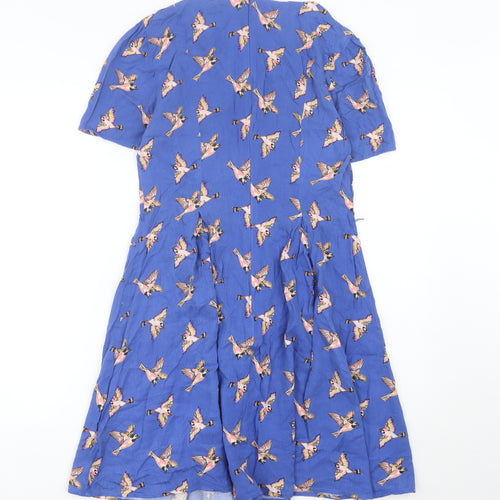 Oasis Women’s Blue Bird Print Fit & Flare Dress UK 10 Short Sleeve