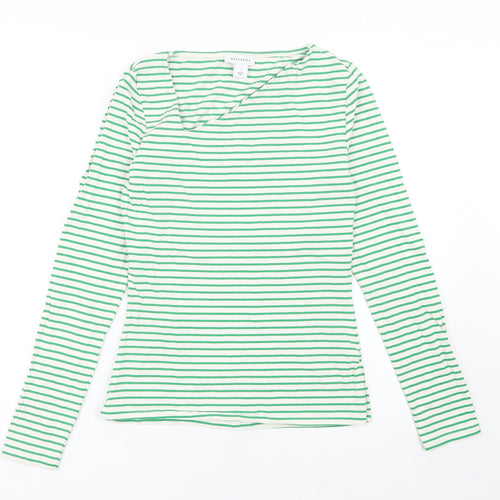 Warehouse Womens Green Striped Long Sleeve V-Neck T-Shirt Size S