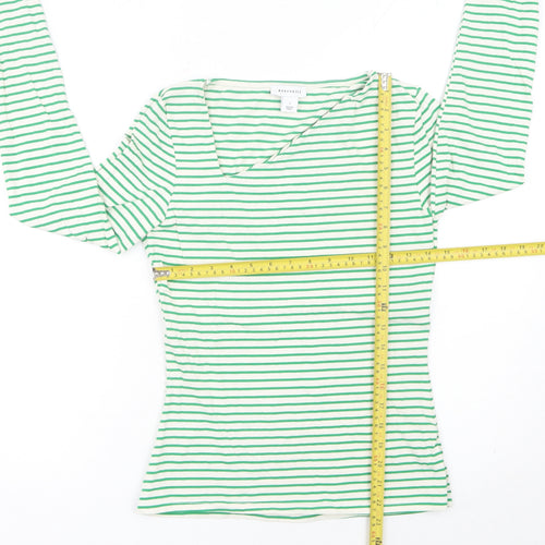 Warehouse Womens Green Striped Long Sleeve V-Neck T-Shirt Size S