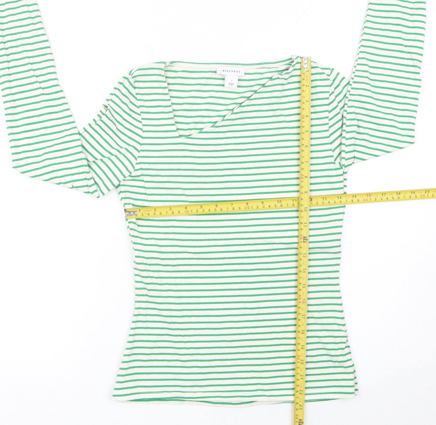 Warehouse Womens Green Striped Long Sleeve V-Neck T-Shirt Size S