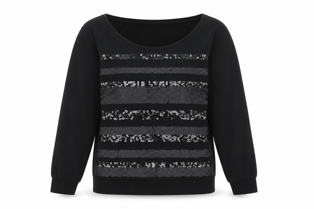 Front view of Next Women’s Black Sequin Long Sleeve Pullover Sweatshirt, size UK 6