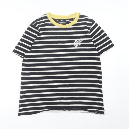 Superdry Womens Black Striped Cotton T-Shirt UK 10 Crew Neck