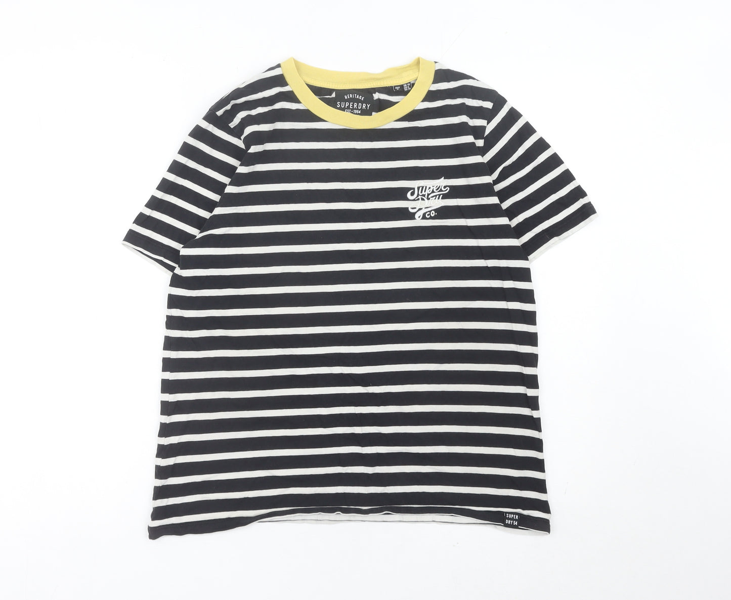 Superdry Womens Black Striped Cotton T-Shirt UK 10 Crew Neck