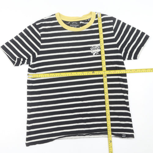 Superdry Womens Black Striped Cotton T-Shirt UK 10 Crew Neck