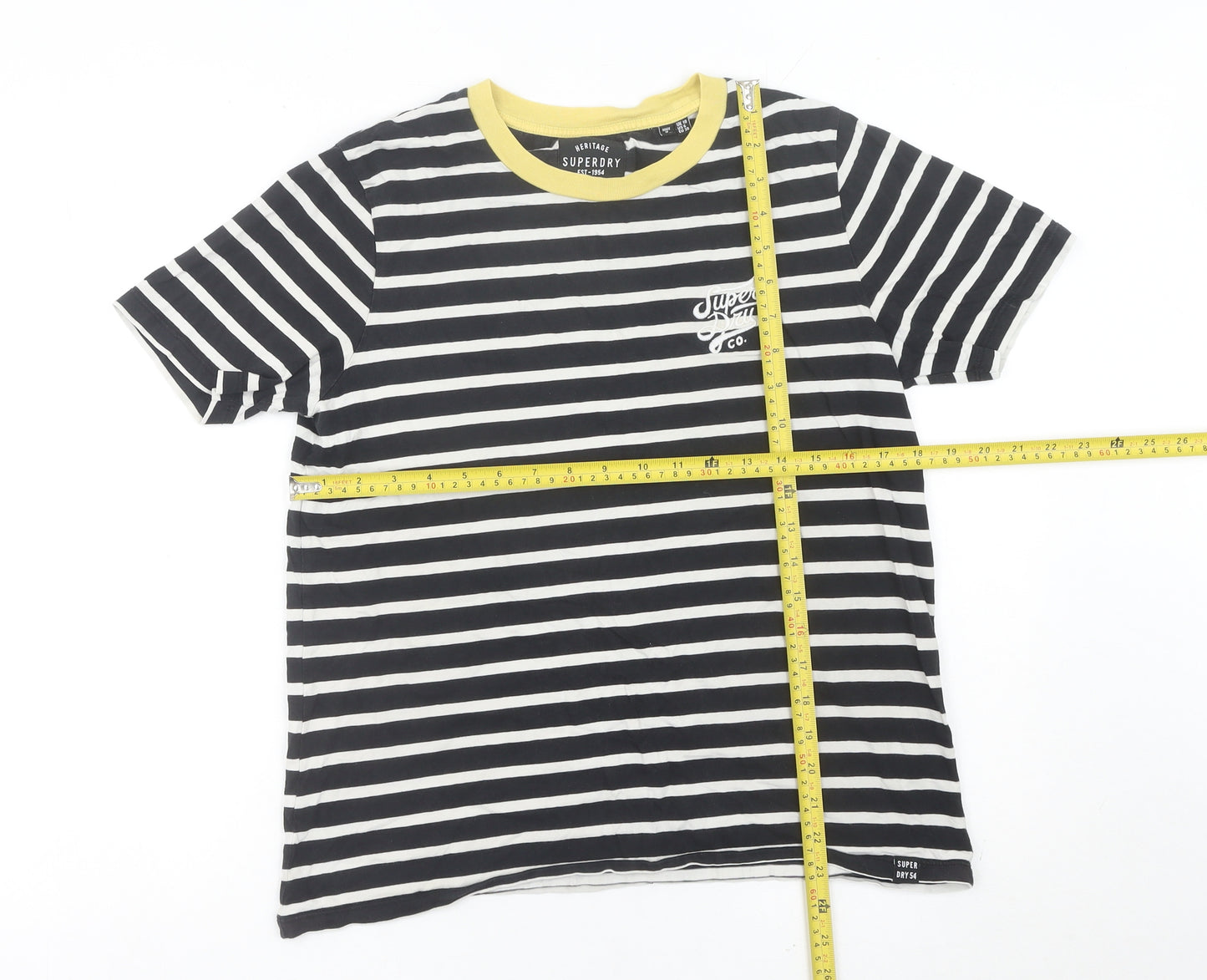 Superdry Womens Black Striped Cotton T-Shirt UK 10 Crew Neck
