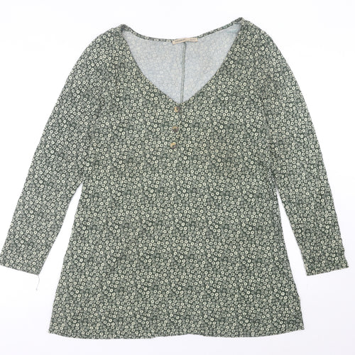 Pull&Bear Womens Green Floral Shift Mini Dress Size 14 V-Neck Long Sleeve