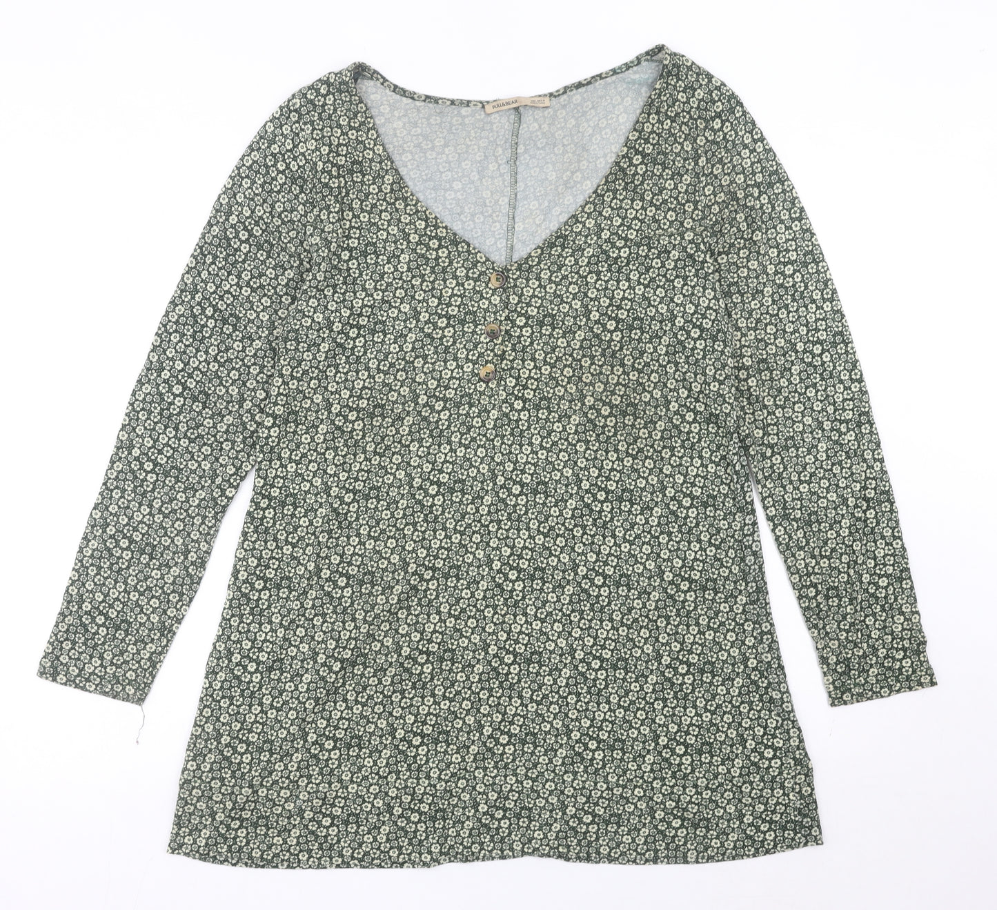 Pull&Bear Womens Green Floral Shift Mini Dress Size 14 V-Neck Long Sleeve
