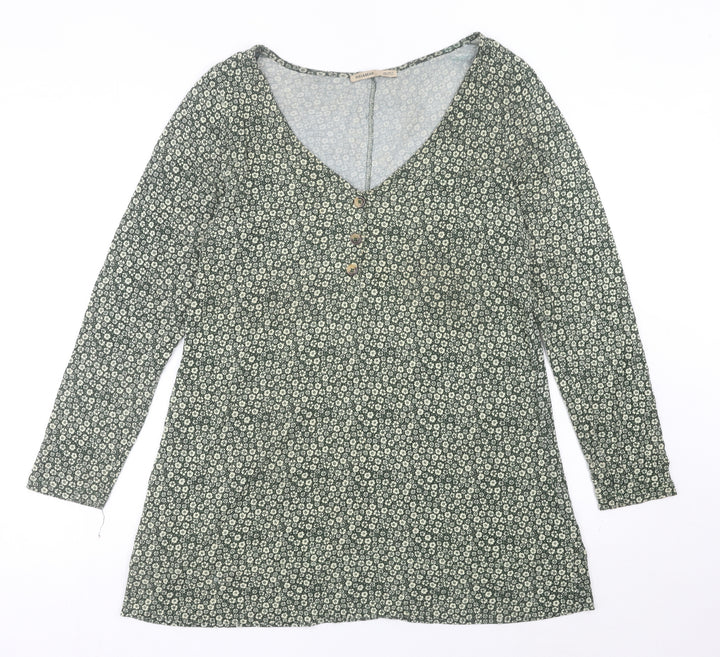 Pull&Bear Womens Green Floral Shift Mini Dress Size 14 V-Neck Long Sleeve