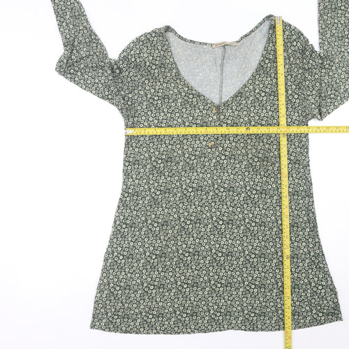 Pull&Bear Womens Green Floral Shift Mini Dress Size 14 V-Neck Long Sleeve