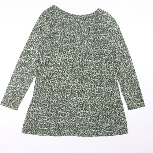 Pull&Bear Womens Green Floral Shift Mini Dress Size 14 V-Neck Long Sleeve