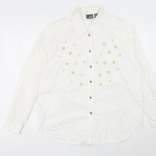 Lizwear Women White Embroidered Star Button-Up Shirt L Cotton