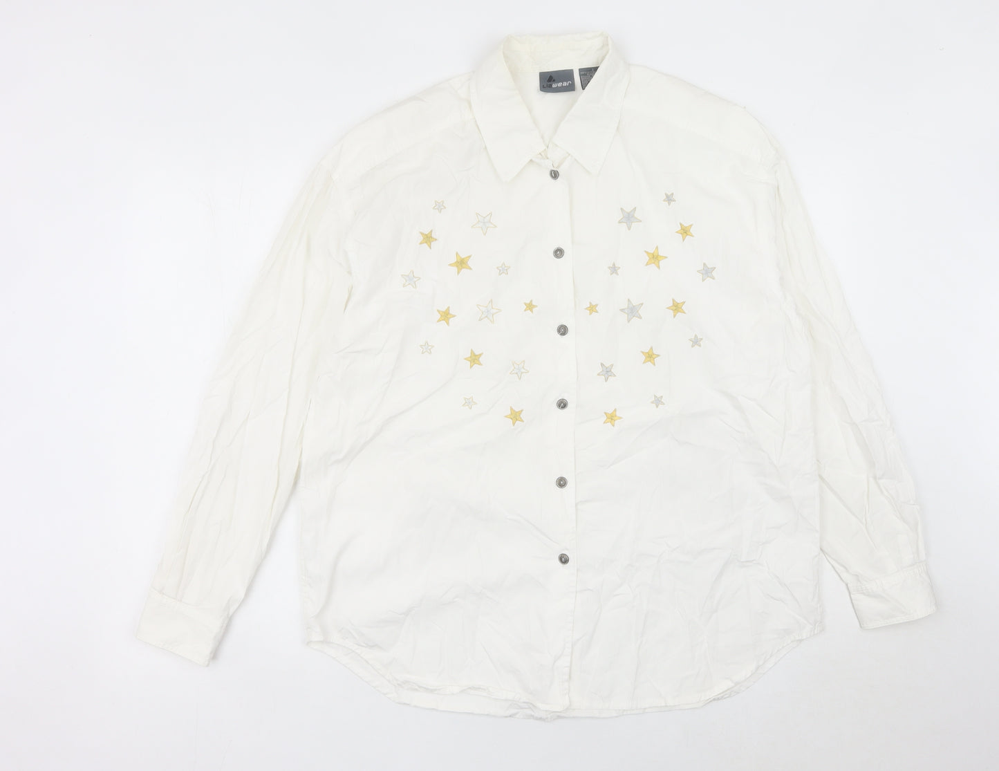 Lizwear Women White Embroidered Star Button-Up Shirt L Cotton