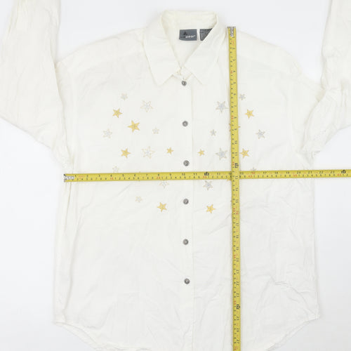 Lizwear Women White Embroidered Star Button-Up Shirt L Cotton