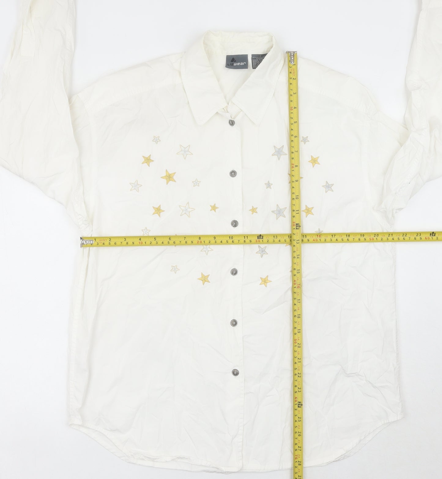 Lizwear Women White Embroidered Star Button-Up Shirt L Cotton
