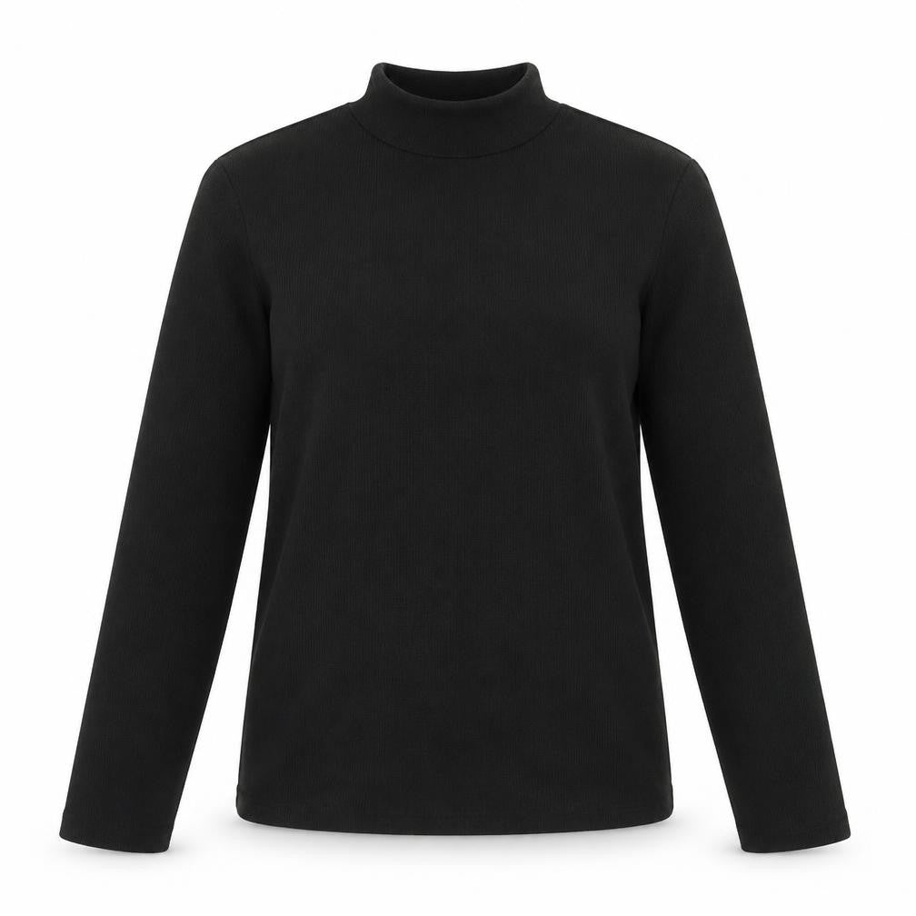 Front view of Mango Women's Black Mock Neck Long Sleeve Knit Top, size M