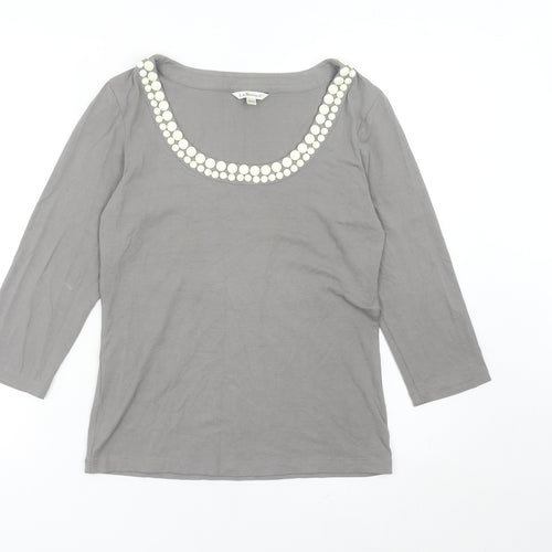 L.K. Bennett Womens Grey Scoop Neck Beaded 3/4 Sleeve Top Size M