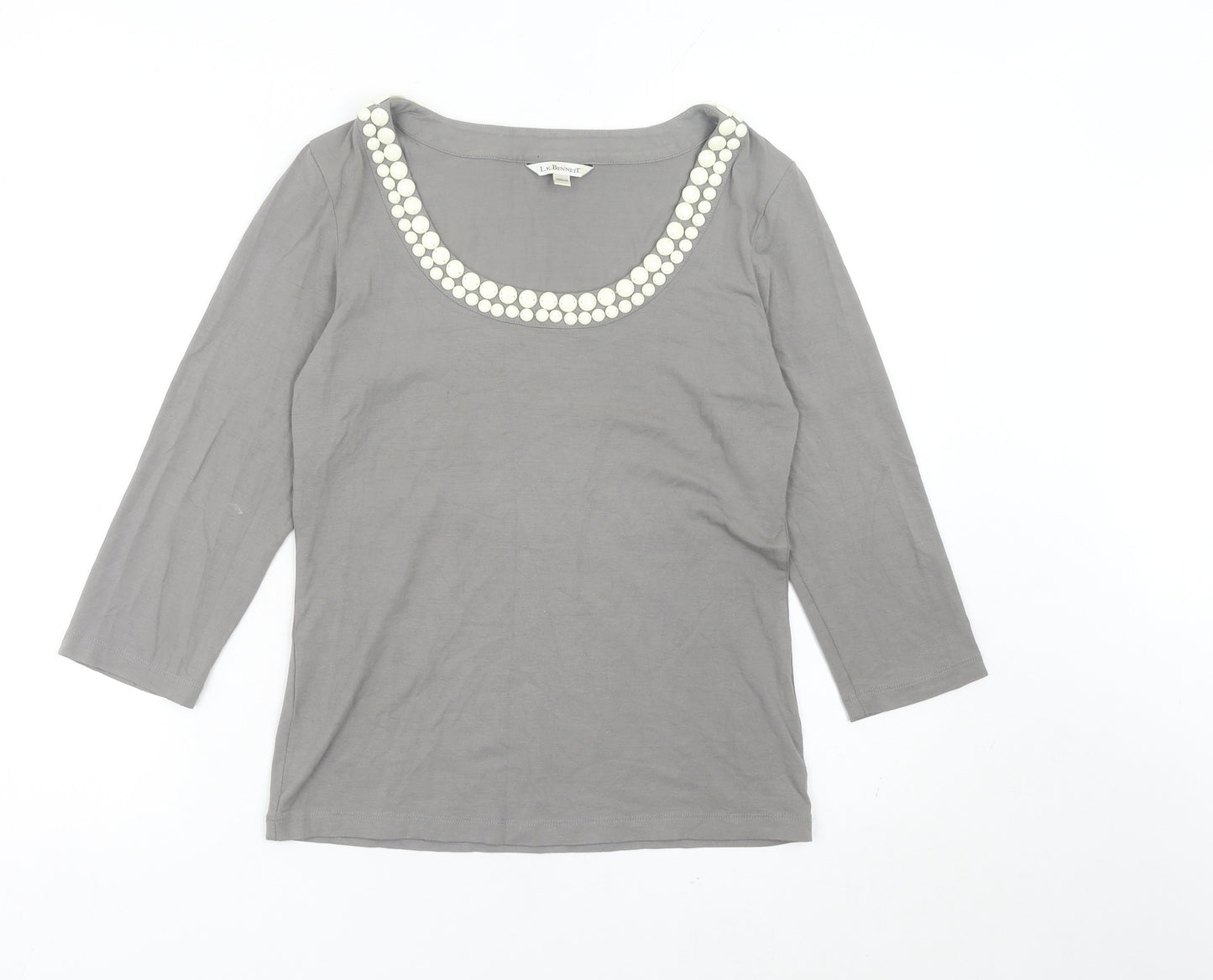 L.K. Bennett Womens Grey Scoop Neck Beaded 3/4 Sleeve Top Size M
