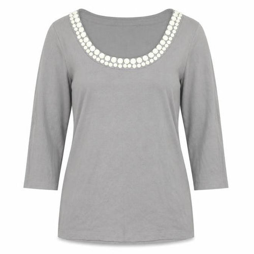 L.K. Bennett Womens Grey Scoop Neck Beaded 3/4 Sleeve Top Size M