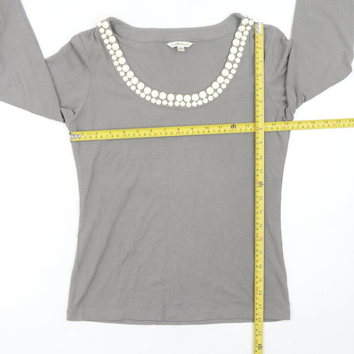 L.K. Bennett Womens Grey Scoop Neck Beaded 3/4 Sleeve Top Size M