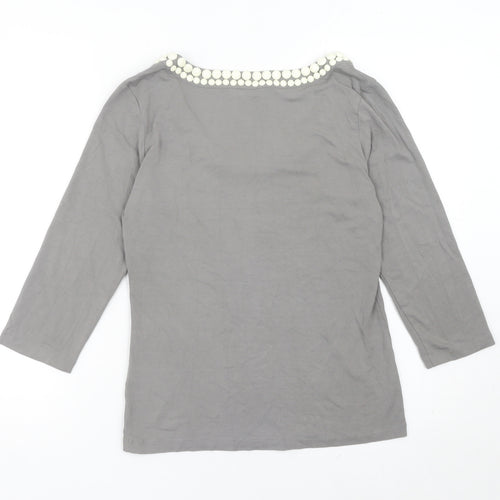 L.K. Bennett Womens Grey Scoop Neck Beaded 3/4 Sleeve Top Size M