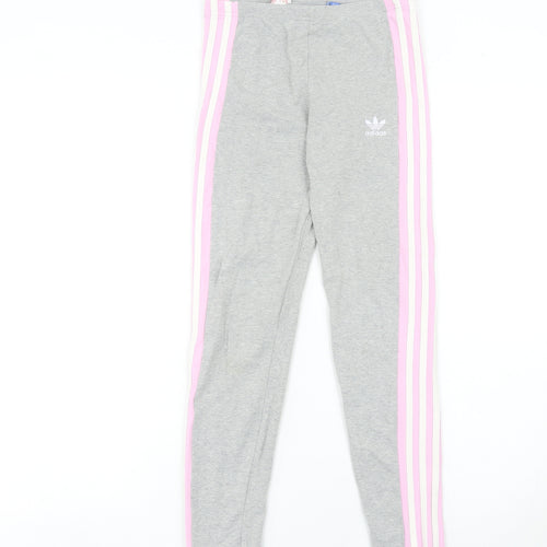 Adidas Girls Grey Pink Stripe Ankle Leggings 12-13 Years Cotton Stretch