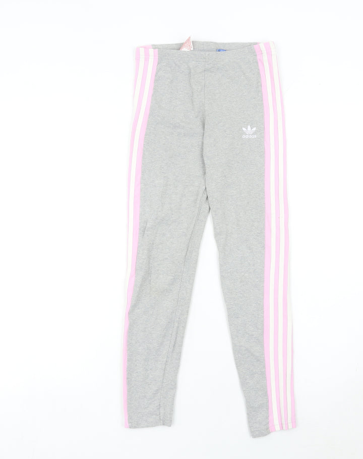 Adidas Girls Grey Pink Stripe Ankle Leggings 12-13 Years Cotton Stretch