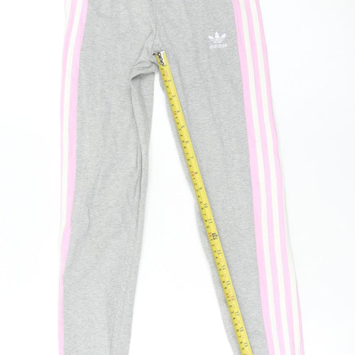 Adidas Girls Grey Pink Stripe Ankle Leggings 12-13 Years Cotton Stretch