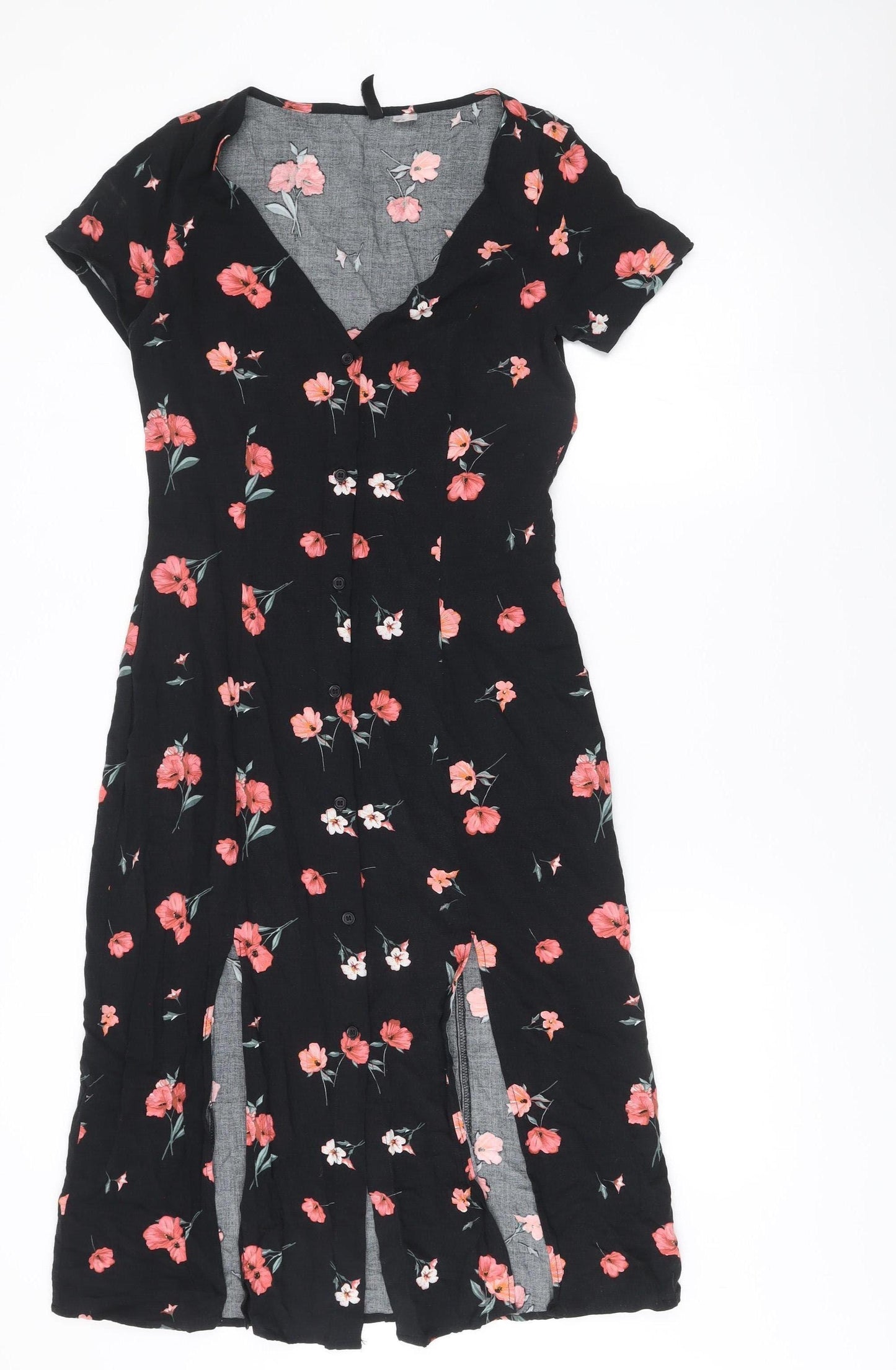 H&M Divided Womens Black Floral Midi Shirt Dress Size 12 Viscose