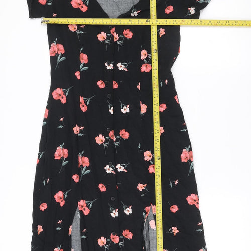H&M Divided Womens Black Floral Midi Shirt Dress Size 12 Viscose