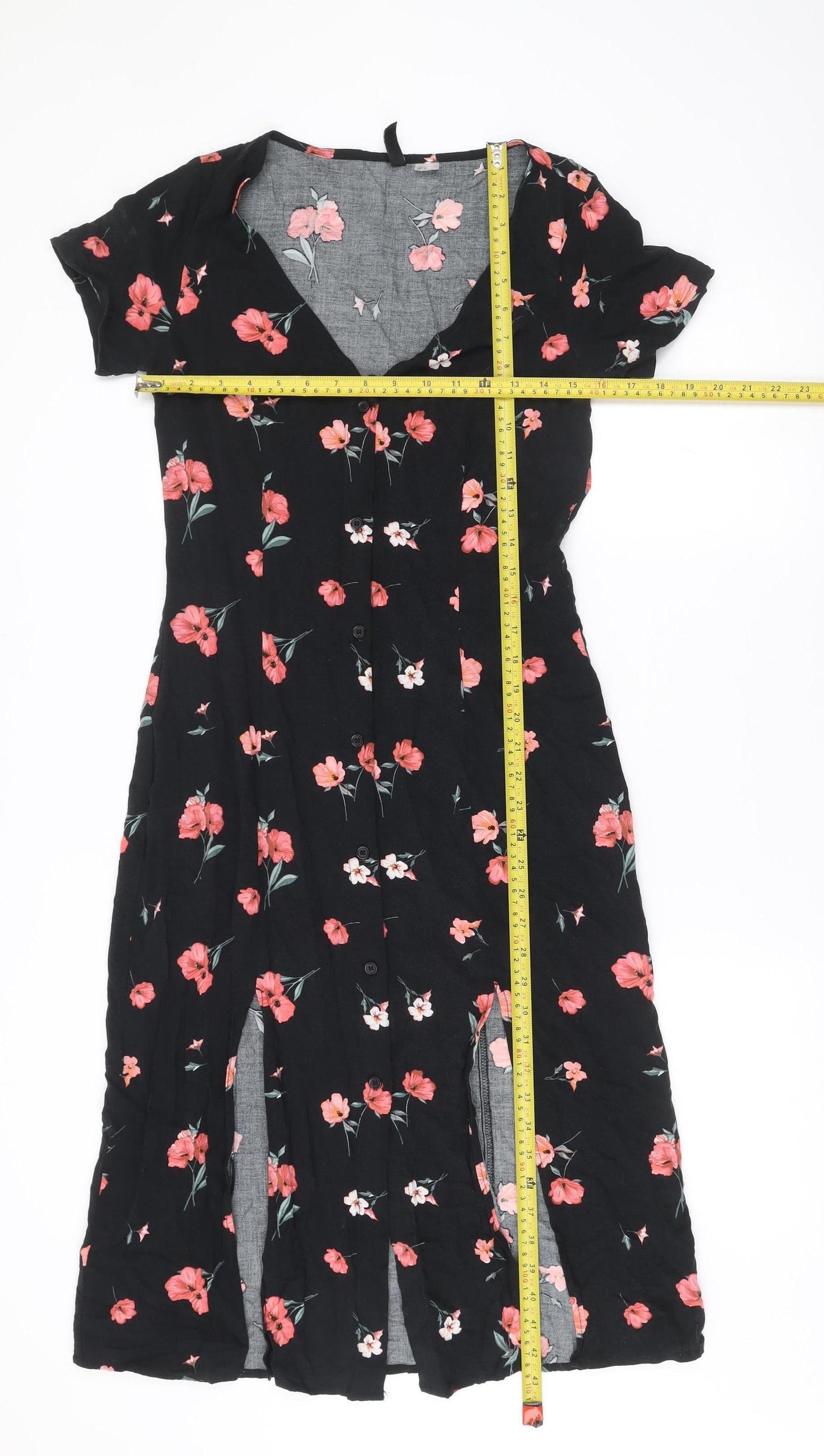 H&M Divided Womens Black Floral Midi Shirt Dress Size 12 Viscose
