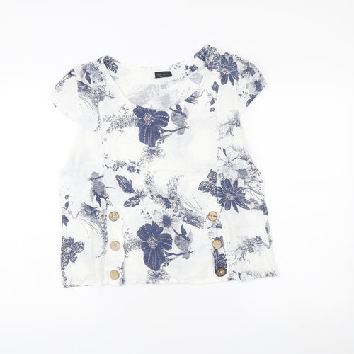 Luca Vanucci Womens White Linen Floral Blouse Size S Scoop Neck