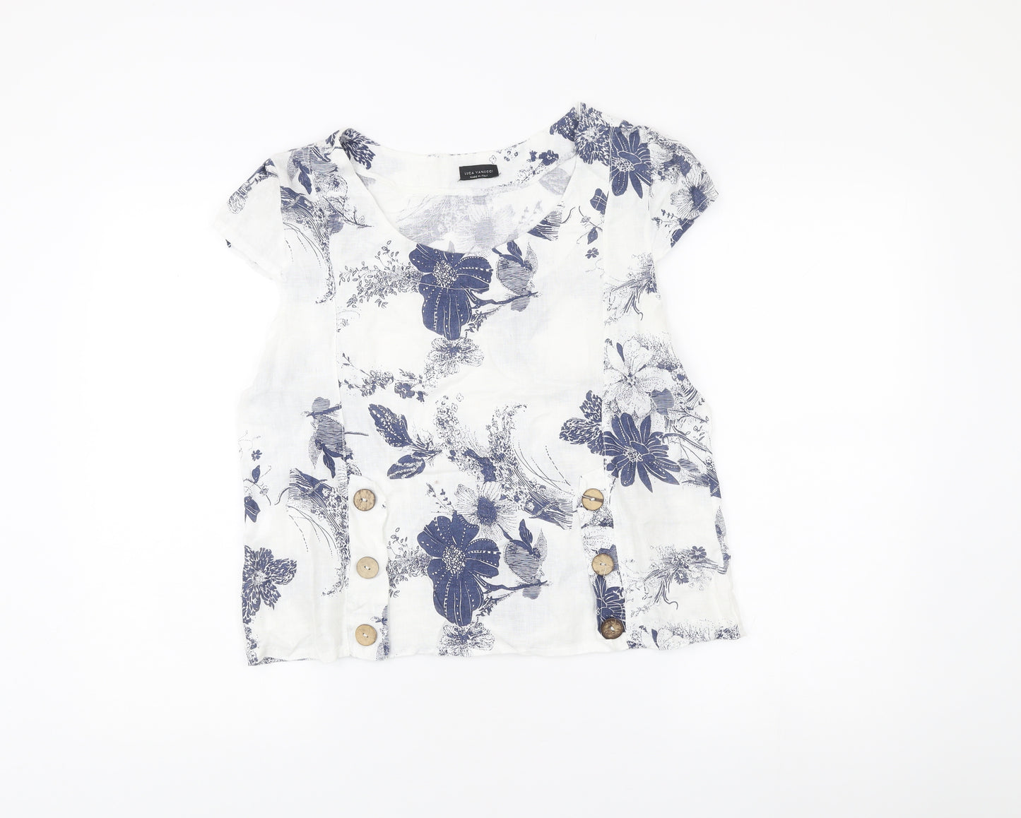 Luca Vanucci Womens White Linen Floral Blouse Size S Scoop Neck